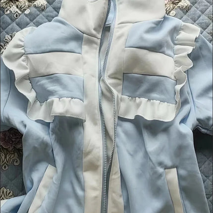Japanese Y2K aesthetic Lolita style women's Harajuku style zip-up sweatshirt loose jacket autumn decadent casual ruffled patchwo