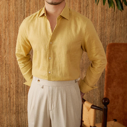 Mr. Lu San Men's White 100% Linen Italian-Style Eight-Collar Long-Sleeved Casual Shirt Breathable Light Luxury for Commuting