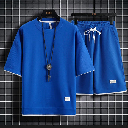 Summer Men's Waffle Sets Casual T-Shirt And Shorts Set Male Sports Suit Solid Color Tracksuit Loose Suits