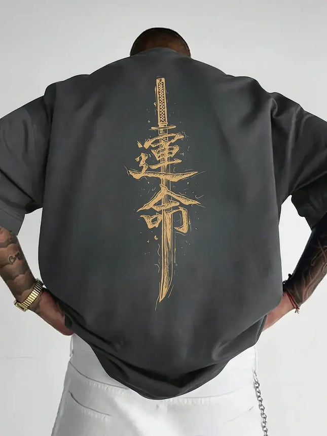 A men's short sleeved T-shirt made of pure cotton with a Japanese samurai sword pattern printed on it, regular style, fashionabl