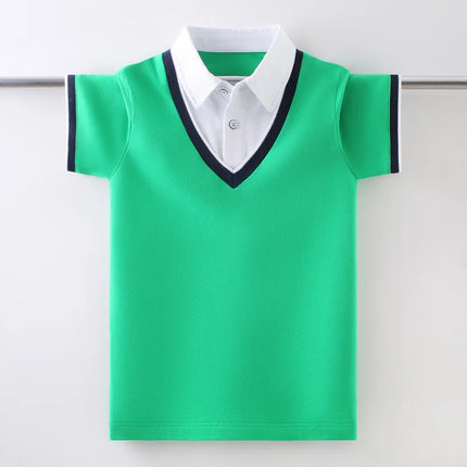 Boys School Uniform Cotton Polo Shirt Summer Chicken Heart Collar Design Kids Short Sleeve Cotton Tops For Children's Age 5-15 T
