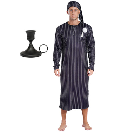 Men Pajama Set Long Sleeve Striped Soft Loose Sleep Robe Nightgown with Sleeping Cap Candlestick for Christmas Eve Halloween