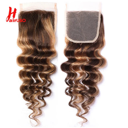 P4/27 4x4 Lace Closures Deep Wave Highlight Lace Closure 100% Human Hair Closure With Baby Hair Remy Brazilian 10''-20'' HairUGo