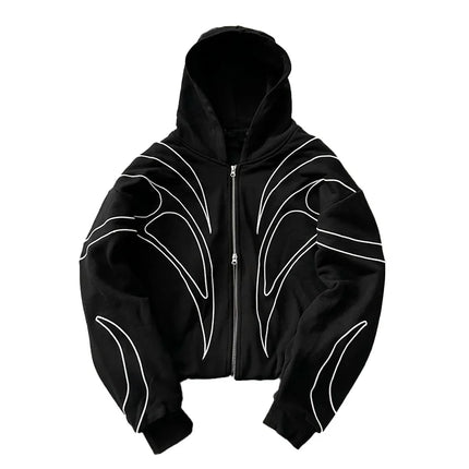 Street Retro Fashion Clothing Striped Embroidered Black Double Zipper Hoodie American Hip-hop Punk Oversized Sweatshirt women