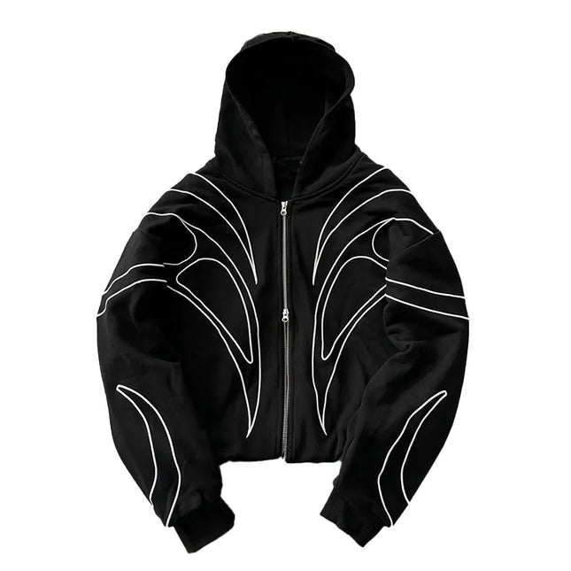 Street Retro Fashion Clothing Striped Embroidered Black Double Zipper Hoodie American Hip-hop Punk Oversized Sweatshirt women