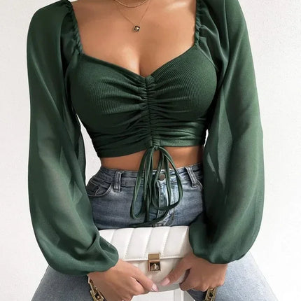 Sexy V-neck Women Blouses Drawstring Long Sleeve Crop Tops Ladies Fashion Summer Short Shirt Woman Clothes Blusas Camisas Mujer