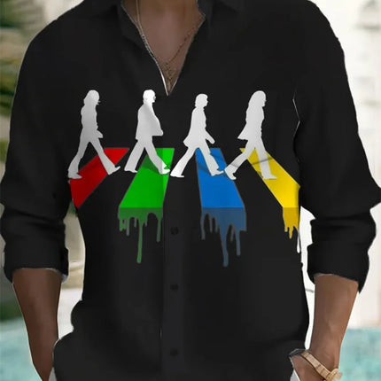 Men's Long Sleeved Printed Shirt, Single Breasted Stand Up Collar Shirt, Fashionable Casual Top