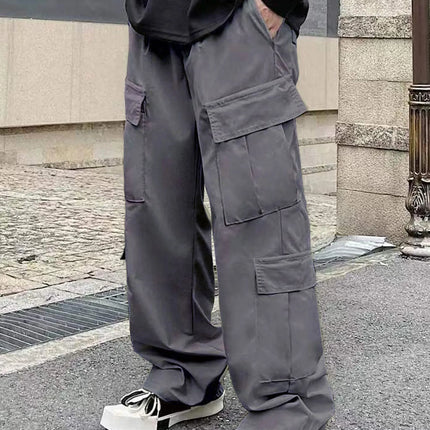 Men's Spring and Autumn Multi-Pocket Cargo Pants with Elastic Waistband and Drawstring Adjustment, Solid Color Multi-Pocket Long Pants Suitable for Outdoor Sports and Leisure