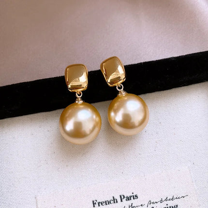 DREJEW Yellow Pendant Pearl Necklace Earring Set for Women Light Luxury High-end French Retro Wedding Jewelry Sets Party Gift