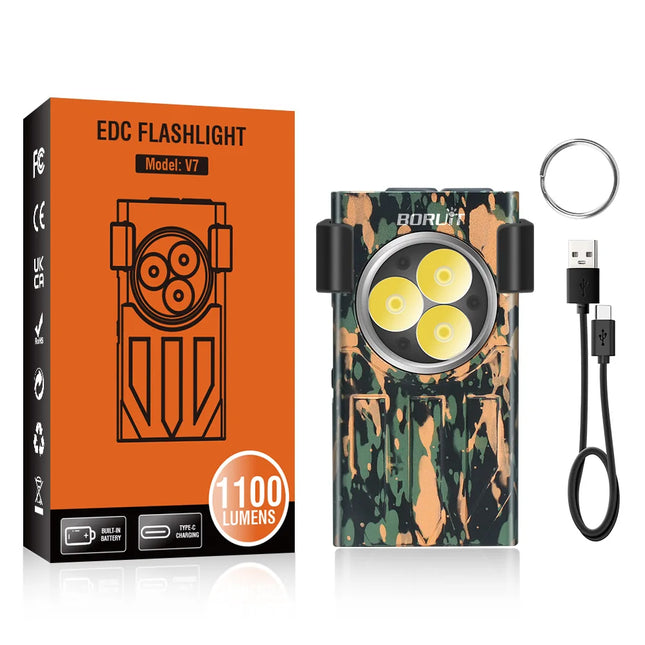 BORUiT V7 1100LM UV LED EDC Keychain Flashlight Type-C Rechargeable Work Light Torch with Magnet Clip Camping Pocket Lantern