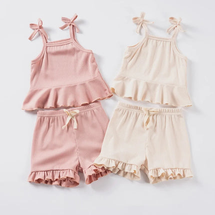 Summer 2024 New Baby Girl Solid Color 2pcs Bow Halter Ruffle Top + Shorts Fashion Comfortable Breathable Cute