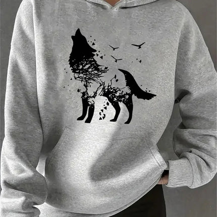 2025 Autumn and Winter Women's Wolf Pattern Hoodie Casual Black Pullover White Wolf Pattern Casual Hoodie Comfortable Graphic