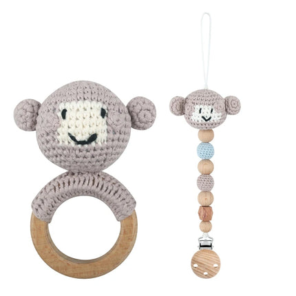 Baby Rattle Crochet Bear Teether Rattle With Bells Pacifier Chain Newborn Montessori Educational Toy Wooden Rings Baby Toys