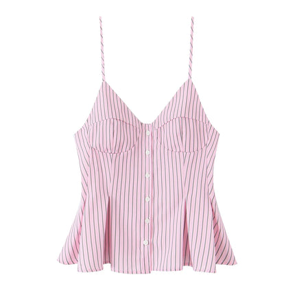 DUOPERI Women 2025 New Fashion Poplin Striped Backless Camisole Thin Straps V-Neck Female Chic Lady Casual Mujer Tops