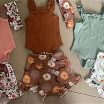 0-18months Baby Girl 3pcs Shorts Outfits Off Shoulder Romper Tops Bull Print Short Pants Head Band Infant Girls 3pcs Clothes Set