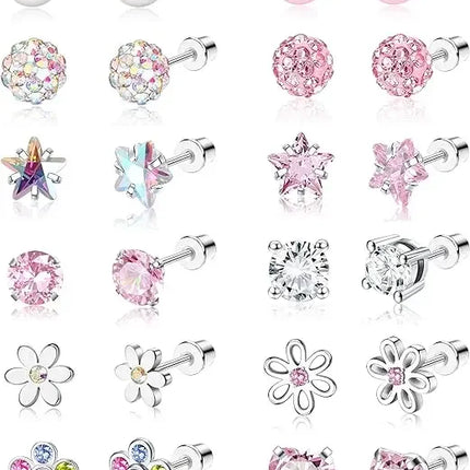 Hypoallergenic Spiral Earrings for Ladies Surgery Steel Cute Heart CZ Flowers Pearl Ball Small Stud Earrings for Girls