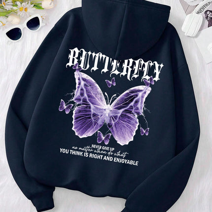 Beautiful Purple Butterfly Printing Hoodies Women Fleece Pocket Hoody Simple Casual Hoodie Autumn Loose Female Streetwear