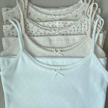 Sweet Floral Print Eyelet Bow Cropped Vests Women Cotton Casual Slim Lace Trim Tank Tops Vintage Preppy Style Cute Camisole Y2K