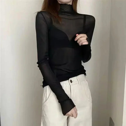 High Neck Sheer Mesh Top Women Clothing Long Sleeve Turtleneck T-shirt Korean Sexy See Through Black White Beige Shirt New