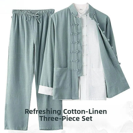 Men's Spring Summer Chinese Style Cotton Linen Long Sleeve Two-Piece Set Traditional Clothing Loose Fit Square Collar Shirt