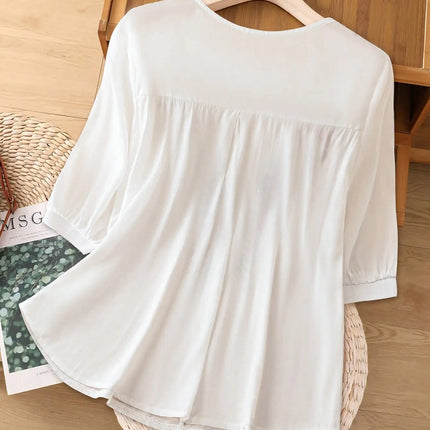 Large Size Women's Heavy Industry Embroidered Crew Neck Five-Sleeve Shirt