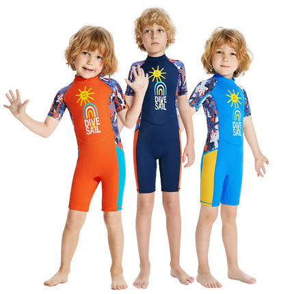 Children's Swimsuit Boys and Girls One-Piece Short-Sleeved Beach Sun Protection Professional Training Swimsuit