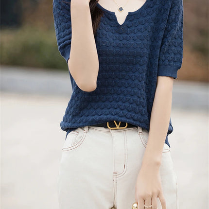 Women's T-shirt Summer New 100% Pure Cotton Tees Casual Solid Knitted Short sleeved V-neck Pullover Loose Tops Fashion Sweater