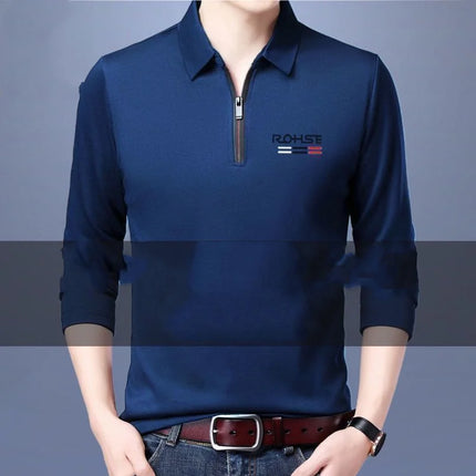 Spring Autumn New Business Half Zipper Polo Shirt Long Sleeve Solid Casual All-match Tops Tees Fashion Vintage Men Clothing
