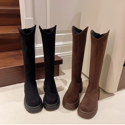 New Vintage Women Stretch Slim High Boots Fashion Back Zippers Shoes Autumn Winter Thick Heel Ladies Knight Long Booties 2025