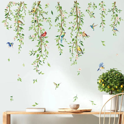Large Hanging Green Vine Wall Stickers Bedroom Living Room Plants Leaves Birds Wall Decals Playroom Kitchen Home Decor