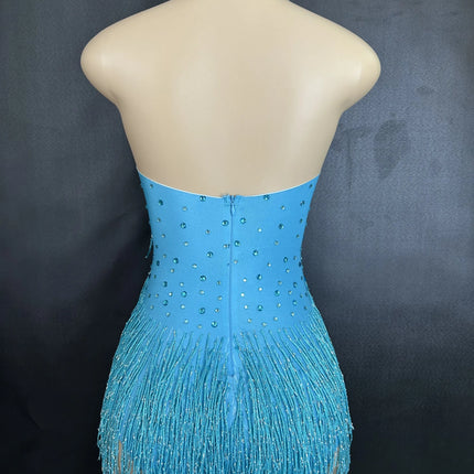 Sparkly Rhinestones Fringe Bodysuit Women Nightclub Party Dance Costume Stage Wear Sexy Tassel Leotard Performance Clothing 7G