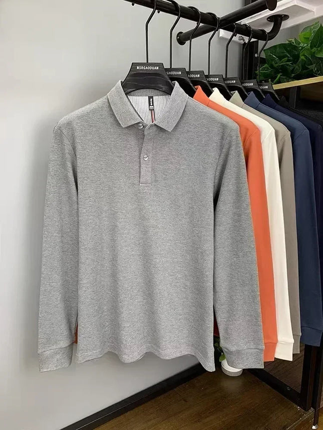 Heavyweight pure cotton high-end Polo shirt, men's new long-sleeved T-shirt for spring and autumn, solid color top