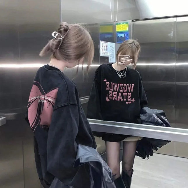 2025Women's Vintage large bow letter print Autumn Winter Hoodies Long Sleeved Round neck casual and simple Streetwear shirts