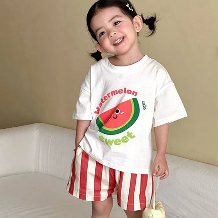MILANCEL New Summer Kids Clothes Set 1-9T Girls Cartoon T-shirt+Striped Shorts Cotton Loose Boys Tee Suit Children Outfit 2PCS
