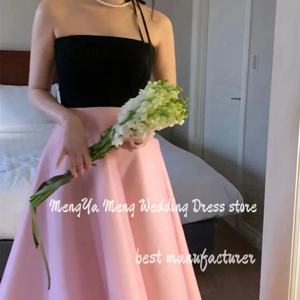 Simple Black And Pink Korea Evening Party Dresses A Line Strapless Wedding Photos Shoot Sleeveless Backless Corset Prom Dress