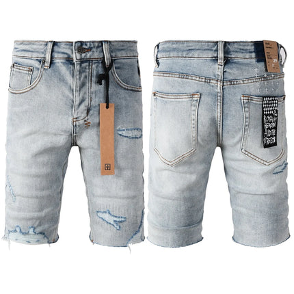 2026 Hot New Men's Blue Acid Washed Denim Shorts Distressed Ripped Embroidered Slim Fit Casual Shorts Streetwear Bottoms