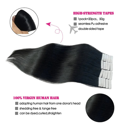 Tape In Hair Extensions Remy Human Hair 20pcs Straight Seamless Skin Weft Tape Hair Extensions Natural Black Hair For Women