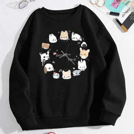 Dessert Time Creative Animals Clock Design Printed Sweatshirts Woman Top O-Neck Fleece Streetwear Soft Autumn Women's Clothing