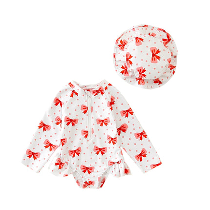 Toddler Girls Long Sleeve Rash Guard Swimsuits with Sun Hat Sets Bow Pattern Zip Up Swimwear Infant Baby Beach Bathing Suits