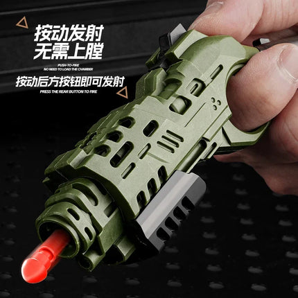 EDC Shootable Toy Pistol with 1-Button Shell Ejection and Card Pushing Function, Black Technology Mini Handgun for Stress Relief