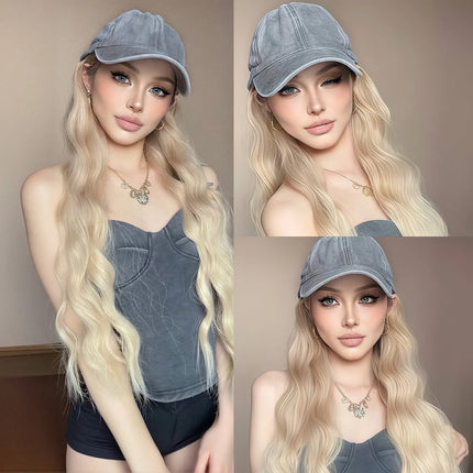 Light Golden Wavy Baseball Cap Integrated Wig, Ash-Toned Cap Design, Korean-Style Versatile Synthetic Wig Hat, for Daily Outings