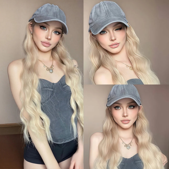 Light Golden Wavy Baseball Cap Integrated Wig, Ash-Toned Cap Design, Korean-Style Versatile Synthetic Wig Hat, for Daily Outings