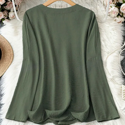 Plus Size 2025 New Casual Tops Women's Loose Long Sleeve Stand Collar T-shirts Polyester Fashion Female Apparel V-neck Clothing