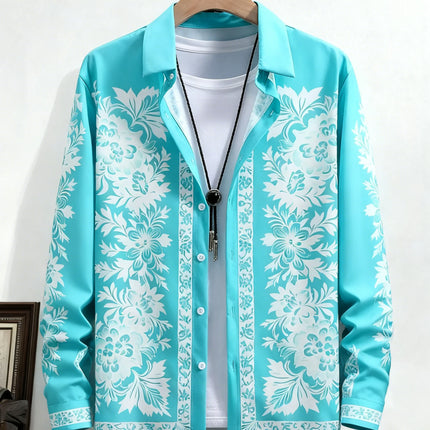 Men's New Long-sleeved Plant Vine French 3D Printed Shirt Hawaiian Beach Vacation Outdoor Party Outer Wear Xmas Shirt Dress Man