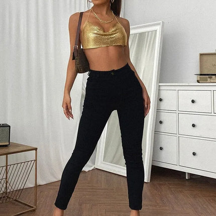 Sexy Summer Sequin Metal Crop Tops Suspenders Halter Backless Night Club Tank Top 2024 New Women Clothing Fashion Y2k Tops