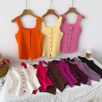 Women's Knitted Slim Fit Vest Summer 2025 Svel Top Single Button Design Versatile Inner and Outer Wear Commute Sle