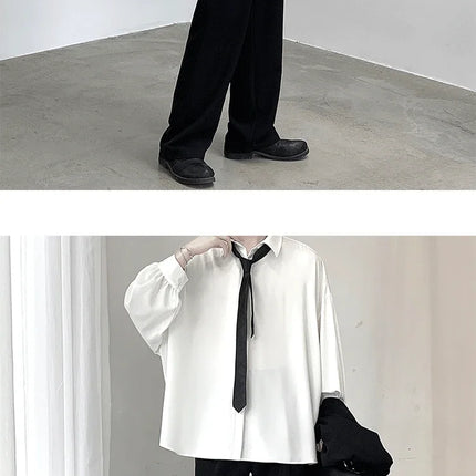 Korean Style Men's Long-sleeved Shirts Black Tie Cozy Casual Solid Oversize Blouses Breathable Loose Shirt Harajuku Male Clothes
