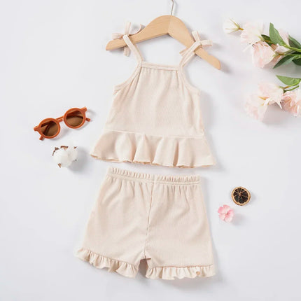 Summer 2024 New Baby Girl Solid Color 2pcs Bow Halter Ruffle Top + Shorts Fashion Comfortable Breathable Cute