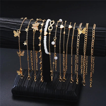 14 Pcs/Set Fashion Metal Butterfly Heart Pendant Anklets Set Bohemia Vintage Pearl Foot Bracelet Beach Woman Jewelry Gifts 2025