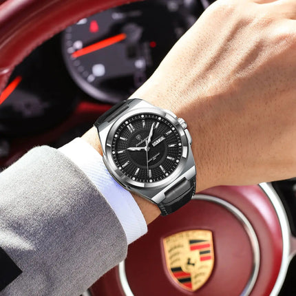 POEDAGAR Trendy Sport Men's Wristwatch Waterproof Luminous Date Week Business Fashion Men's Quartz Watches Leather Men's Watch Reloj